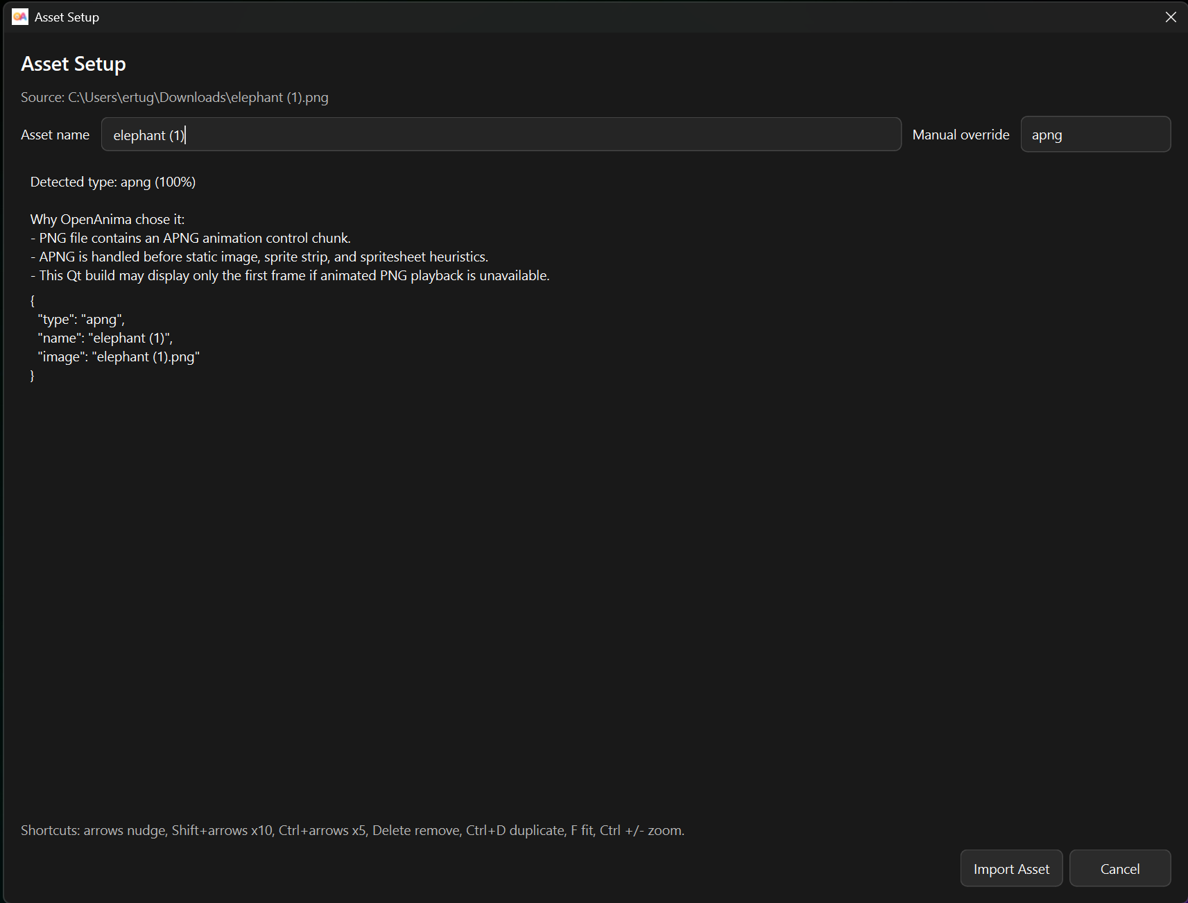 OpenAnima APNG asset setup page