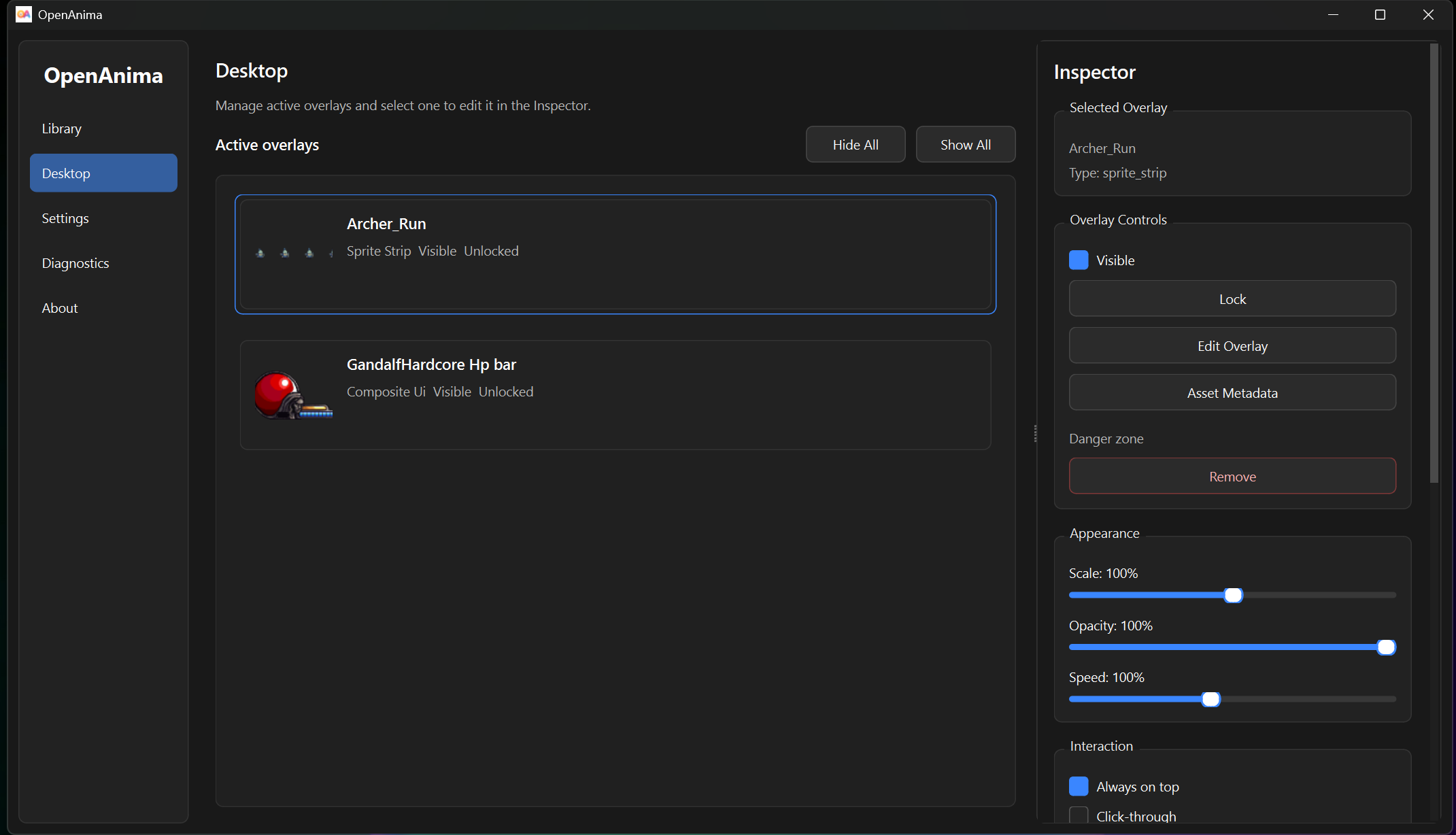 OpenAnima Desktop page with active overlays and inspector
