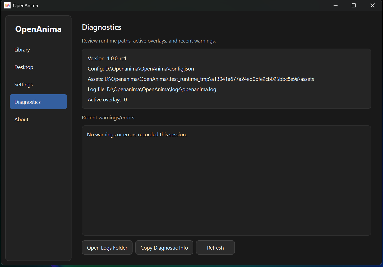 OpenAnima Diagnostics page