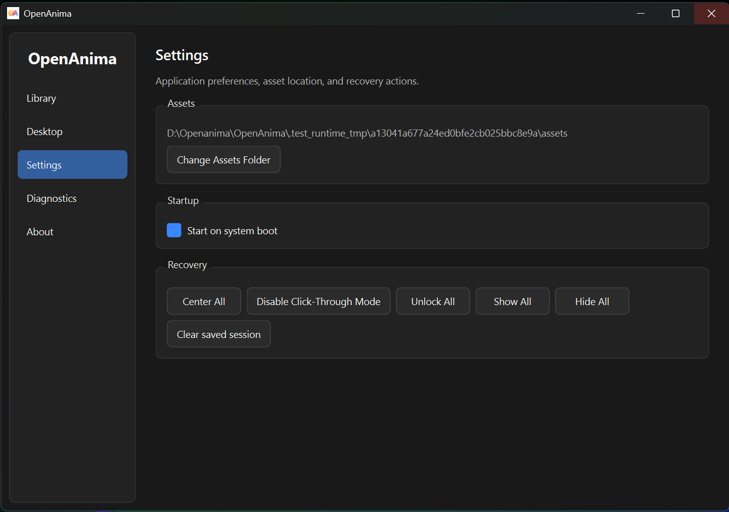 OpenAnima Settings page