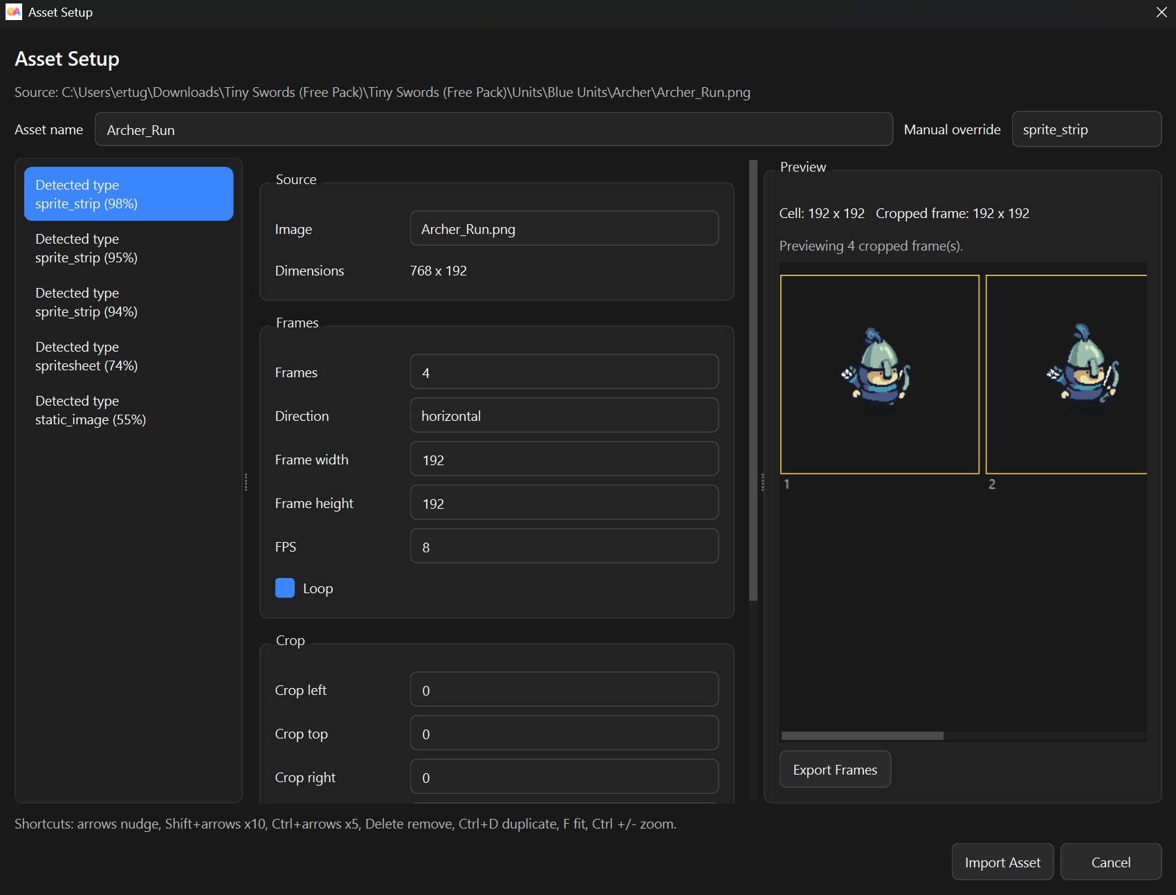OpenAnima sprite strip asset setup